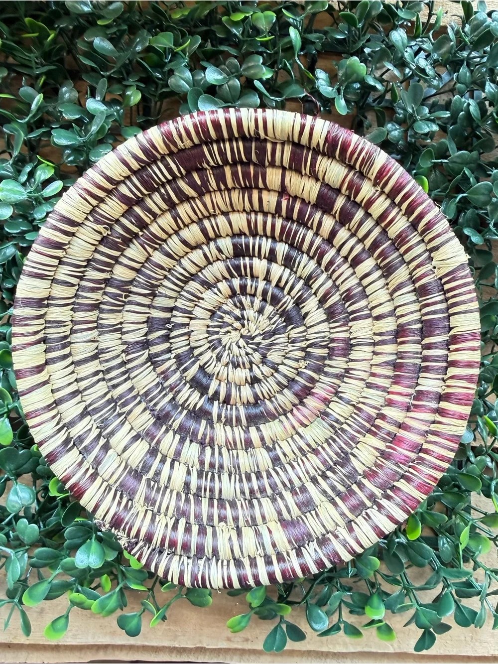 Handwoven Coiled Raffia Basket Bowl Black Brown Natural Catchall Boho Decor 6.5”